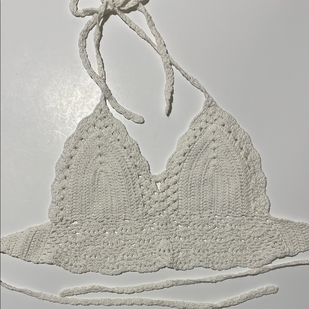 Crochet Halter Top soft white tie back, size XS/S boho vacation festival